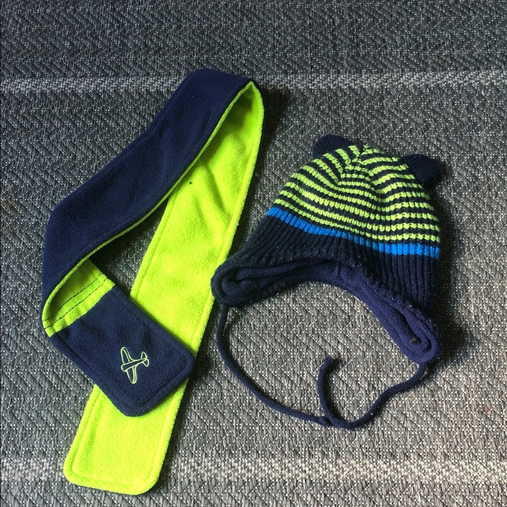 Navy and Lime Kids Knit Earflap Hat with Matching Fleece Scarf